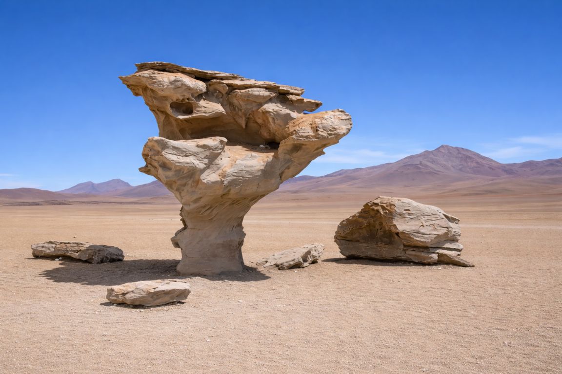 Arbol de Piedra rock formation in Bolivia desert with unique tree-shaped structure, captured during a tour with Salar de Uyuni Tours