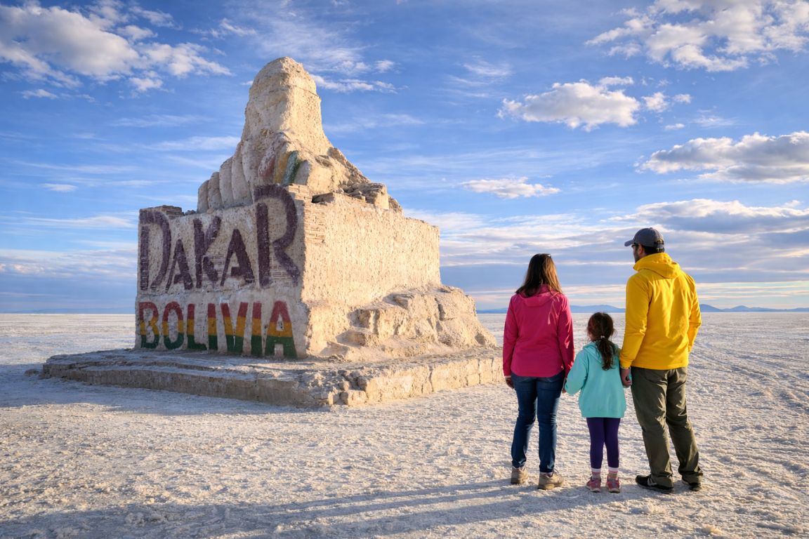 Dakar Monument on Salar de Uyuni with family admiring iconic salt sculpture in Bolivia, captured during a tour with Salar de Uyuni Tours