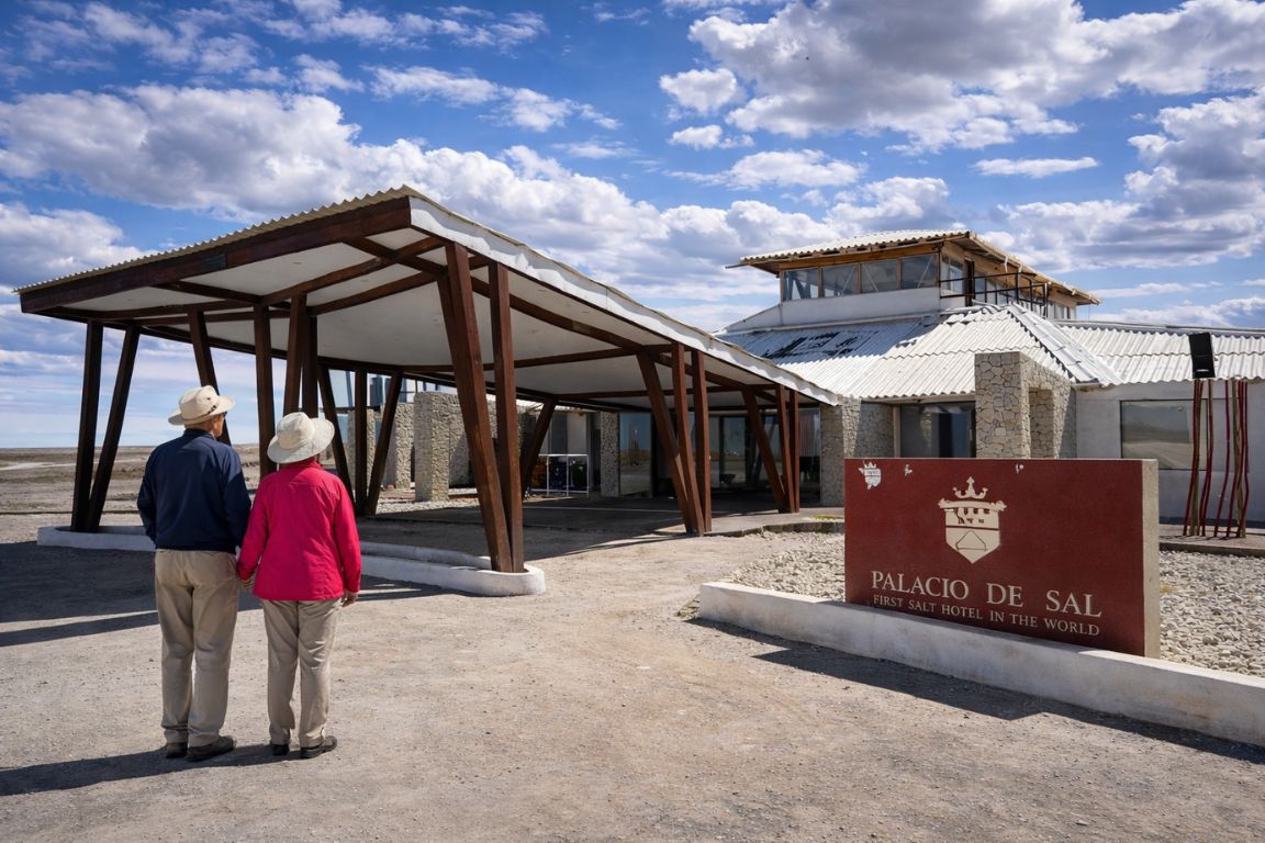 Entrance of Hotel Palacio de Sal with unique salt architecture and desert surroundings, seen during a guided tour with Salar de Uyuni Tours