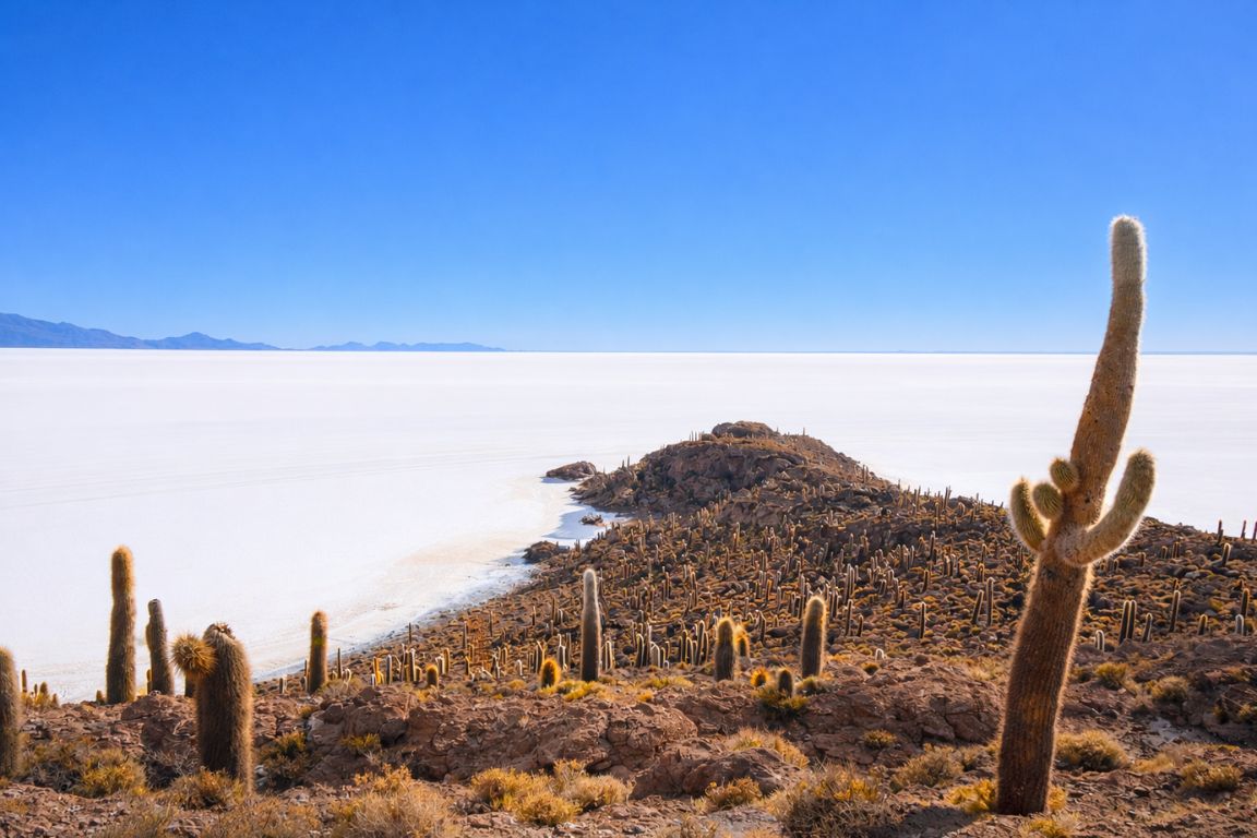 Panoramic view of Isla Incahuasi cactus island in the middle of Salar de Uyuni, seen during a guided tour with Salar de Uyuni Tours