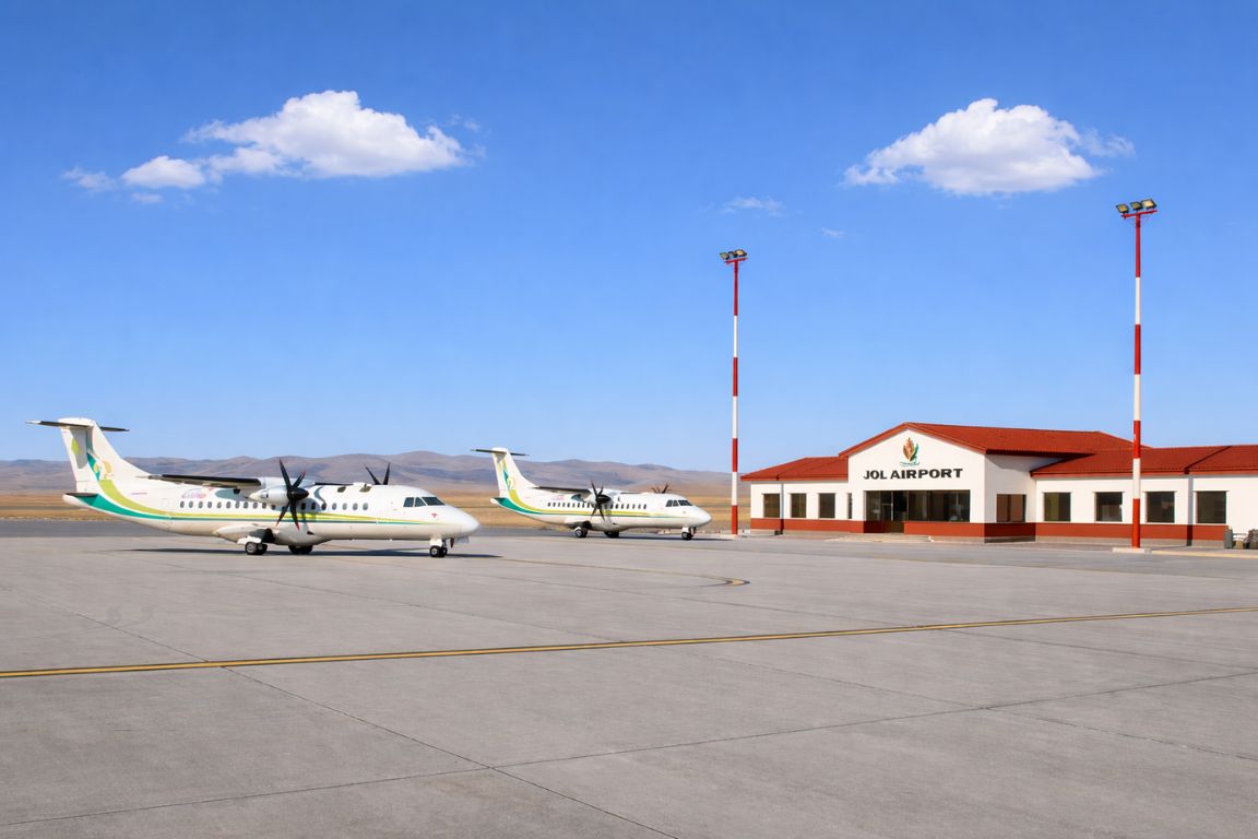 Joya Andina Airport near Uyuni with small aircraft on runway and terminal building, captured during a tour with Salar de Uyuni Tours