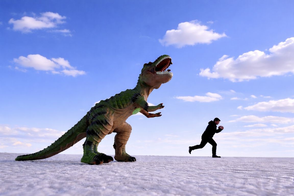Creative photo illusion with dinosaur toy and traveler on Salar de Uyuni under blue sky, seen during a guided tour with Salar de Uyuni Tours