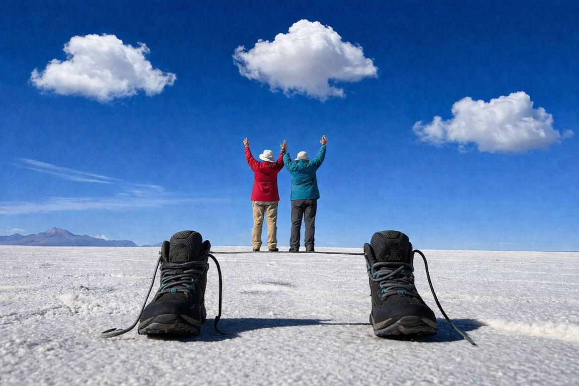 Playful illusion photo of seniors on salt flats with oversized hiking boots in Bolivia, captured on a tour with Salar de Uyuni Tours